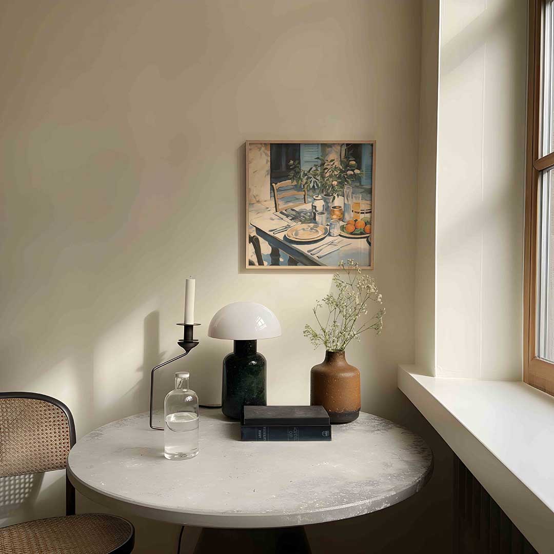Ontbijttafel met fruit – botanische poster in vierkant formaat