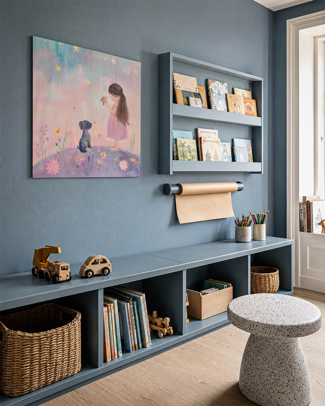 Dromerig kindertafereel kunstwerk – detailweergave – dit werk toont een tafereel met een kind en dieren omringd door bloemen.