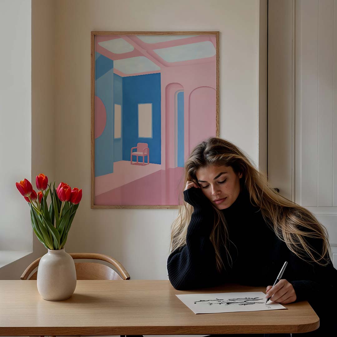 Dromerige Roze Interieur – staande muurposter met kleurrijke abstracte vormen