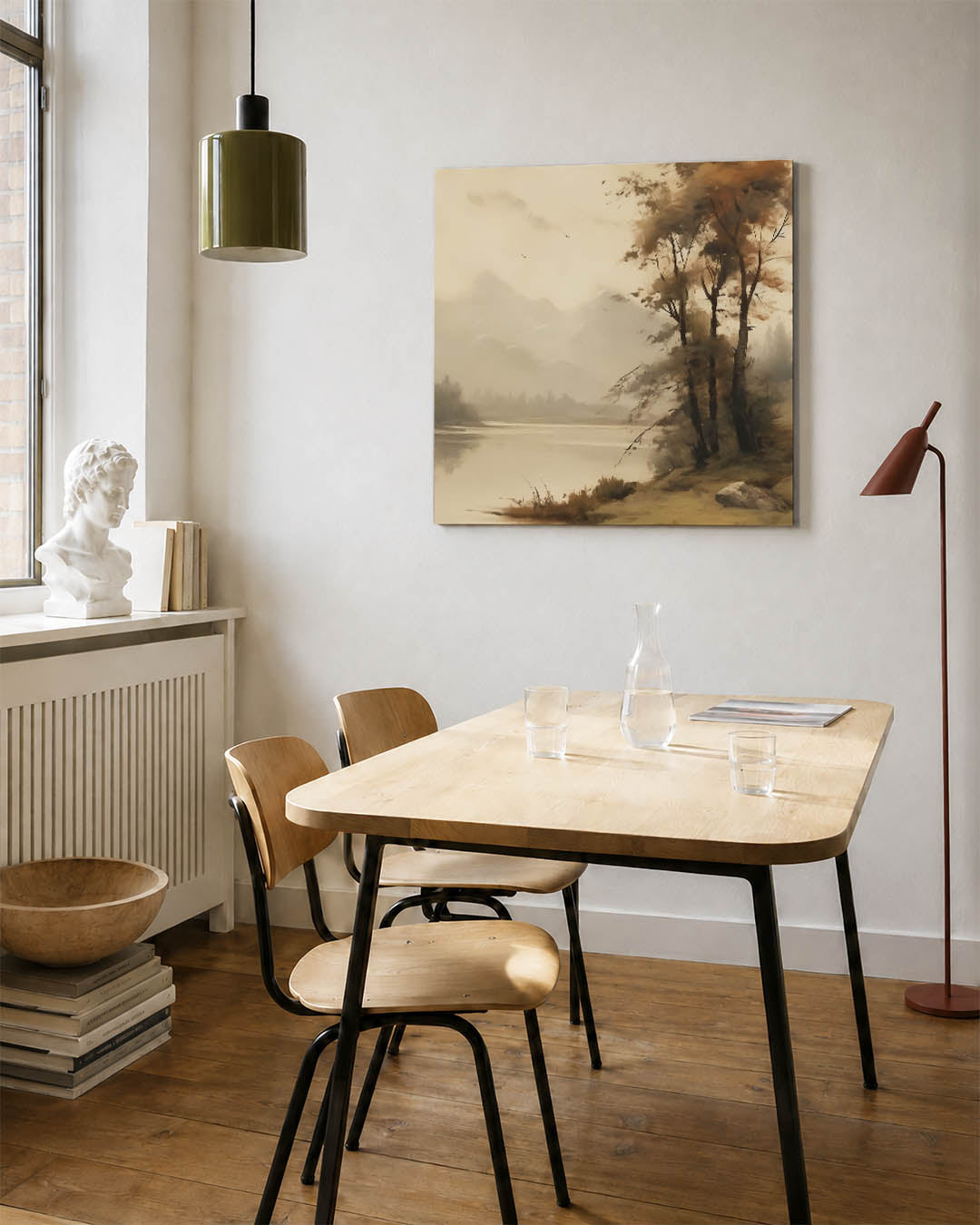 Rustig landschap kunstwerk – detailweergave – dit kunstwerk toont een sereen landschap met zachte lijnen en subtiele kleuren.