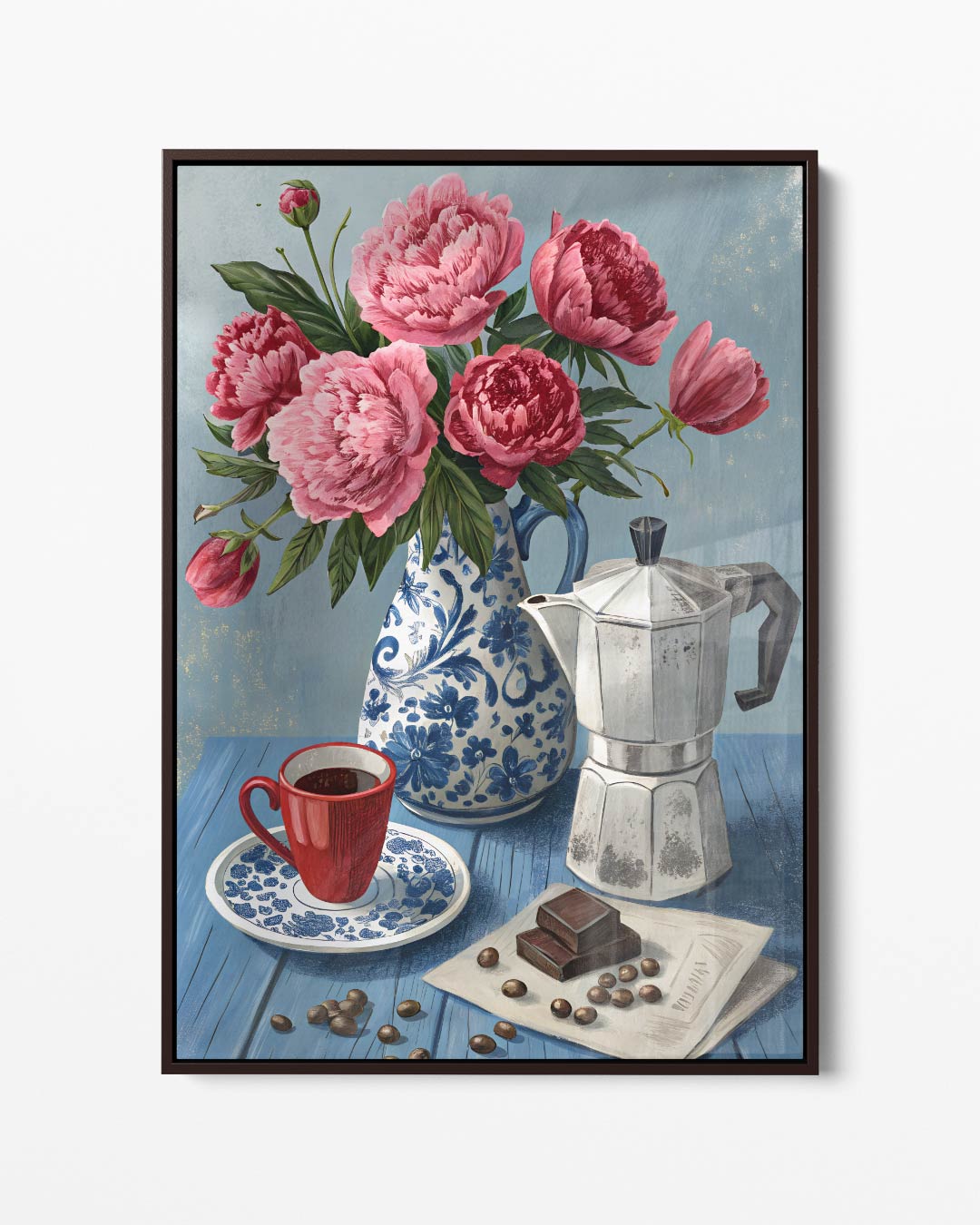 Bloemen en Koffie Stilleven – portret kunstwerk als wanddecoratie