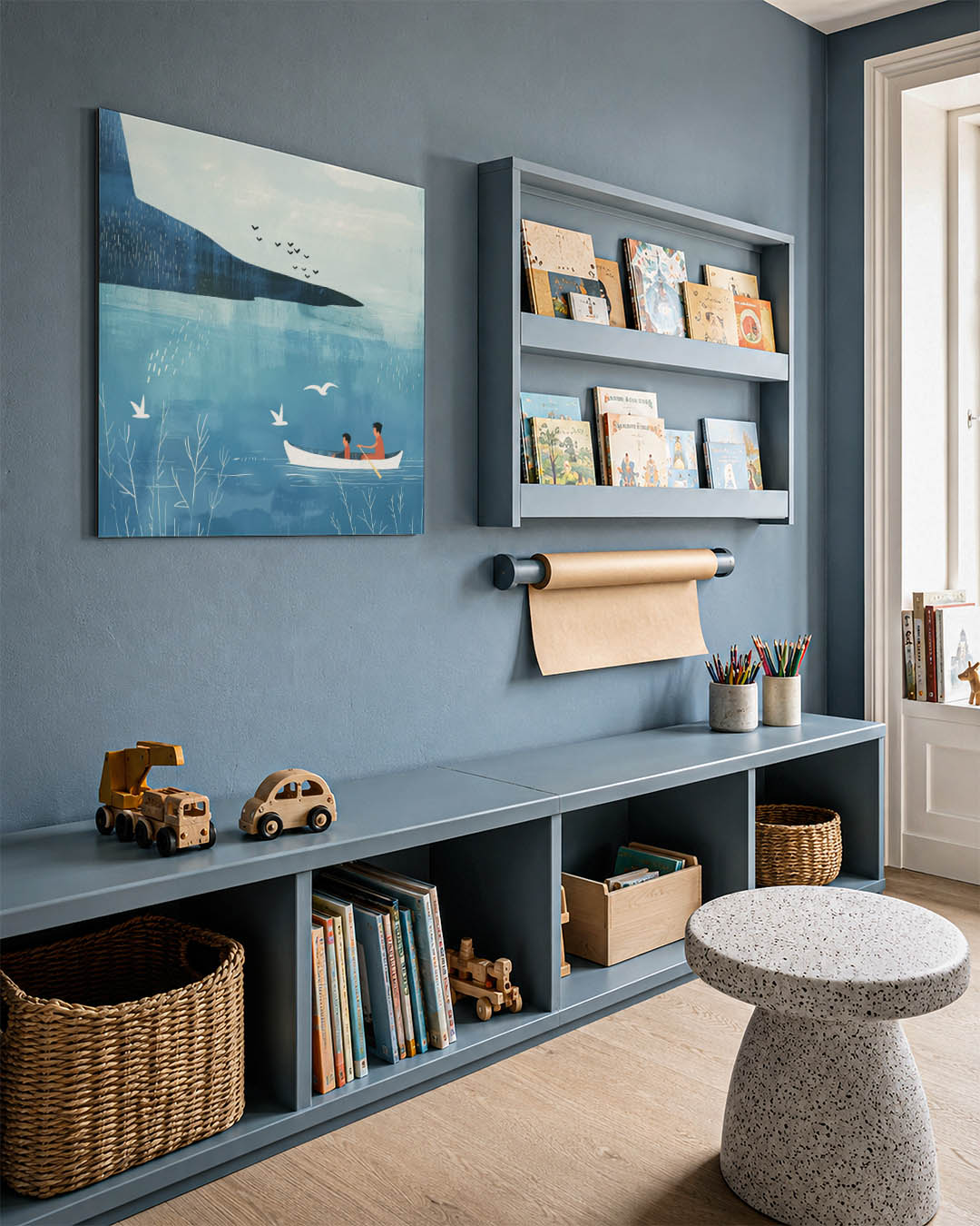 Rustige kano vaart kunstwerk – detailweergave – dit kunstwerk toont een serene scène van een kano op kalm water, omringd door