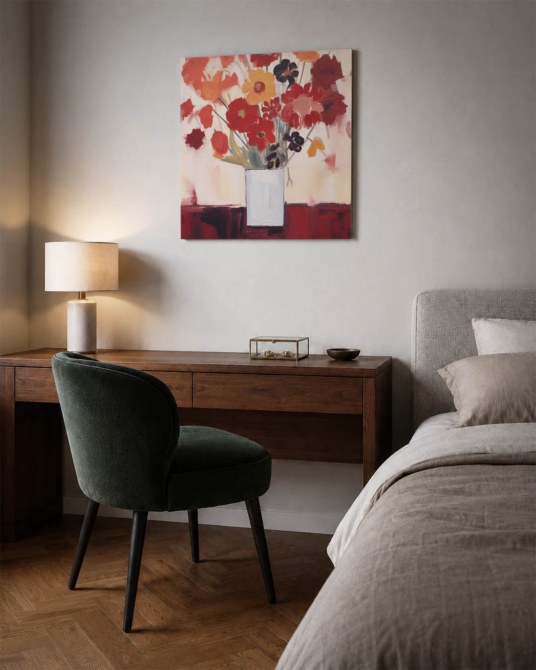 Compositie kunstwerk – materiaalweergave – dit werk toont een boeket bloemen in een vaas. De warme kleuren en vloeiende