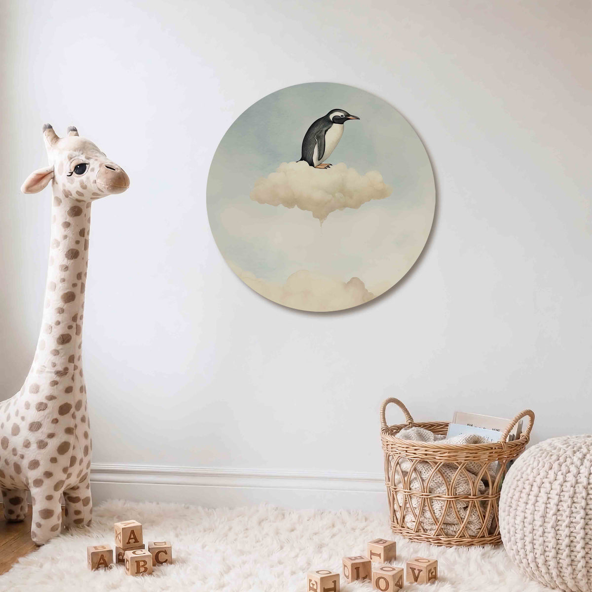 Pinguïn op wolk Muurcirkel – Een pinguïn zit op een zachte, witte wolk tegen een lichtblauwe lucht.
