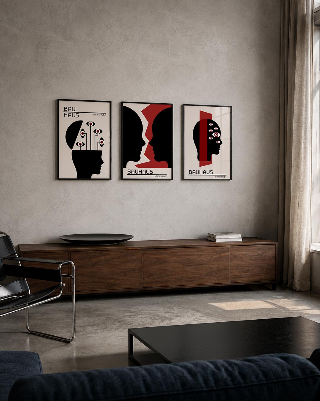 Ooglijnenspel posterset – tweede productweergave – een silhouet met open hoofd waaruit lijnen met ogen groeien. Zwart, wit en