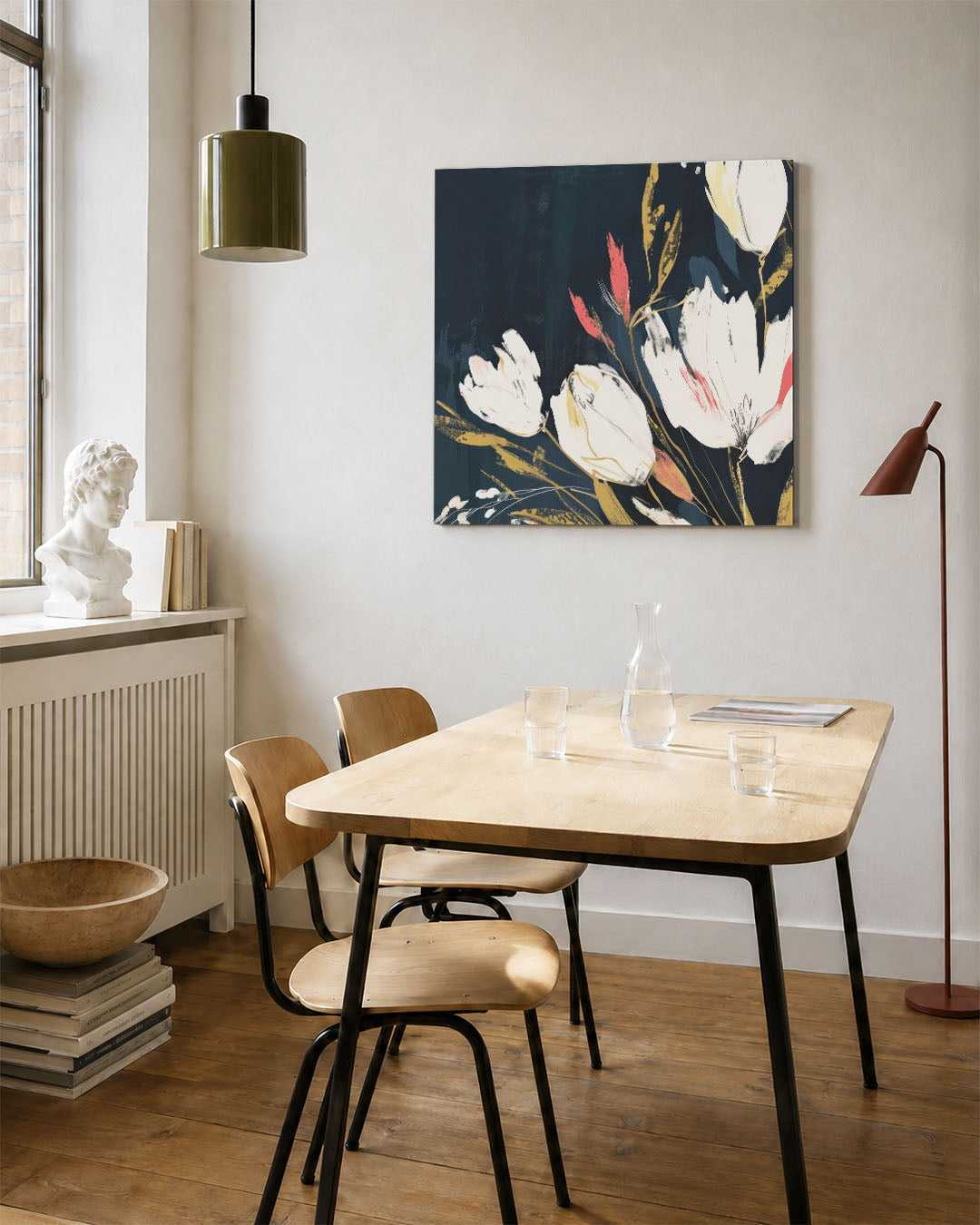 Bloemrijke expressie kunstwerk – vierkante wanddecoratie – dit werk toont een dynamische compositie van bloemen met vloeiende