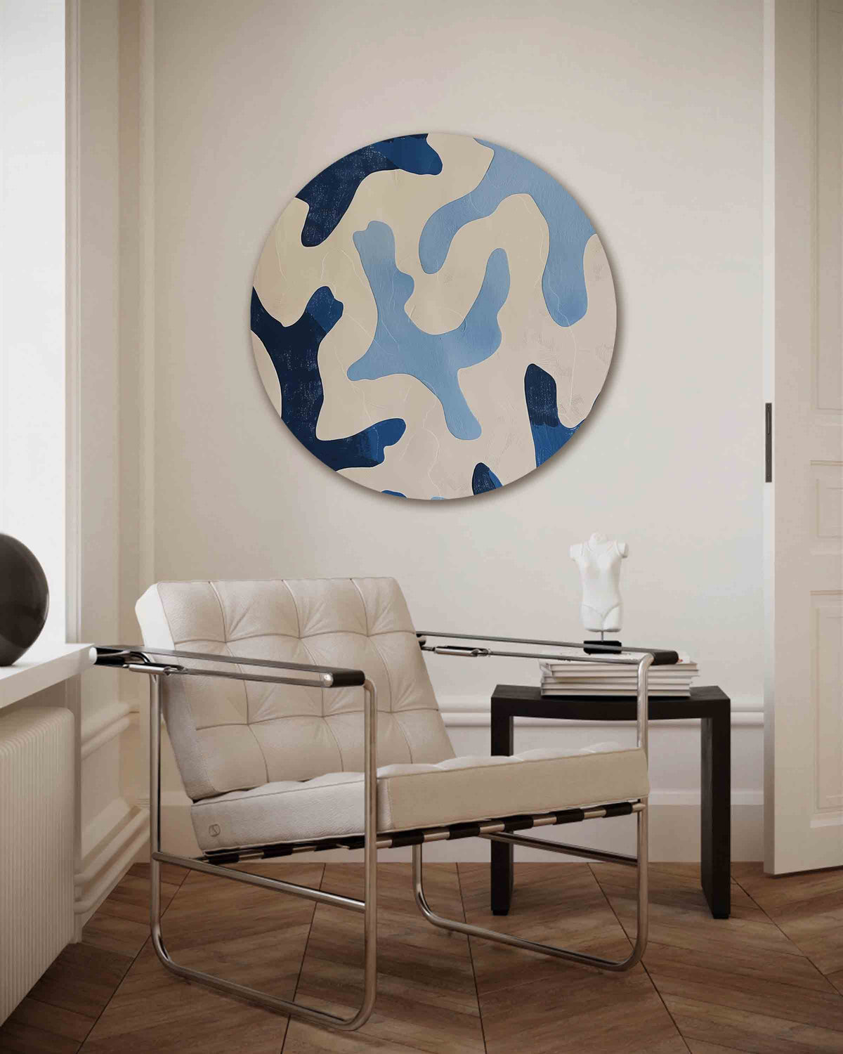 Abstracte blauwe vormen – kleurrijke muurcirkel als ronde wanddecoratie