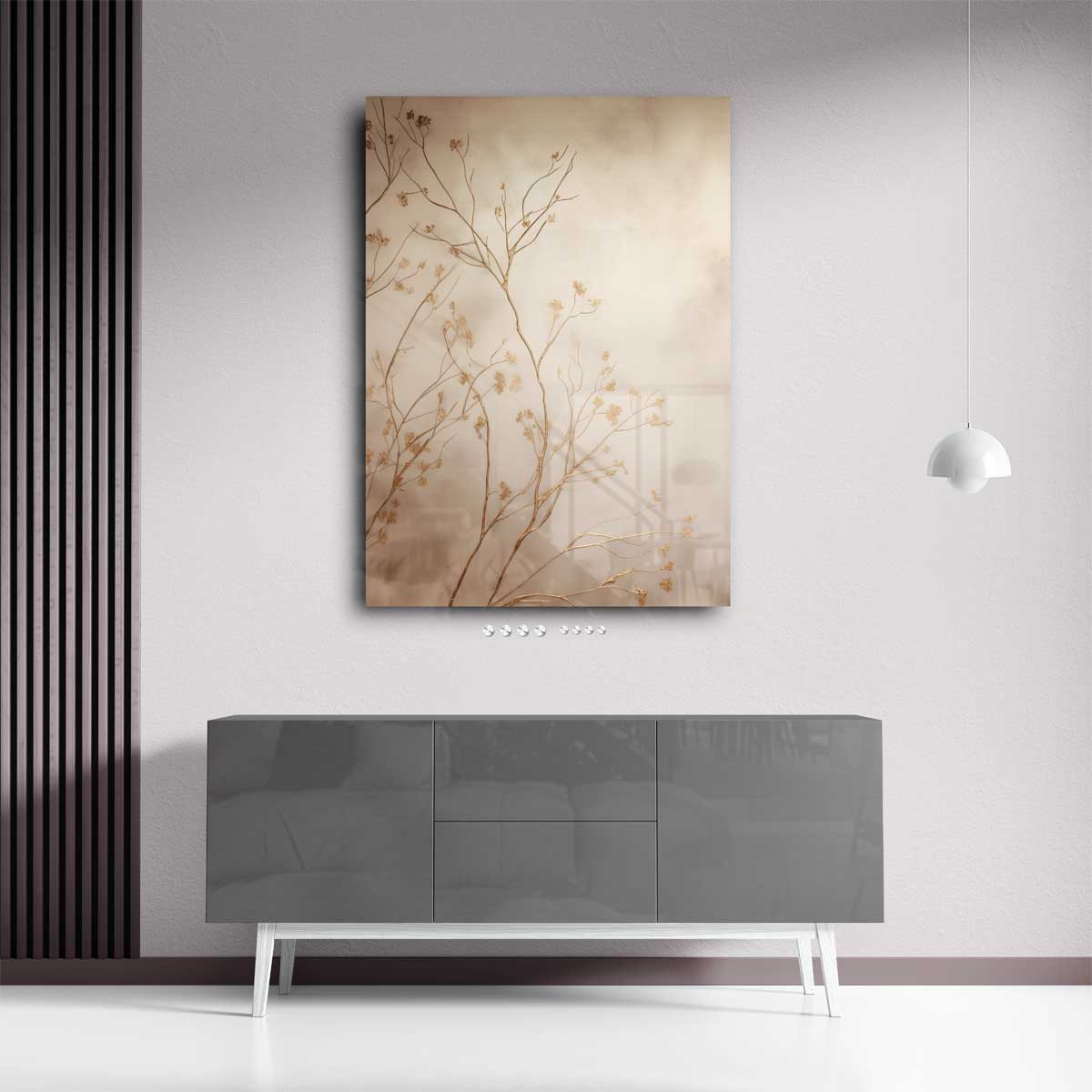 Gouden Takken in Mist – plexiglas wanddecoratie in portret formaat