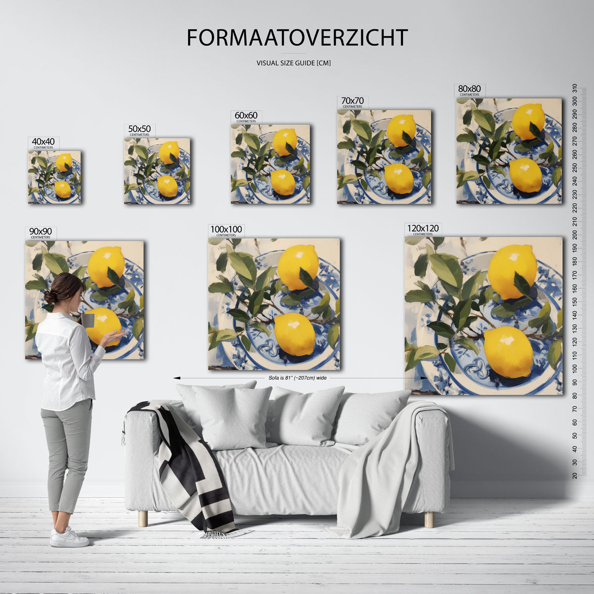 Citroenen op blauw wit bord – vierkante muurposter voor keuken of eethoek