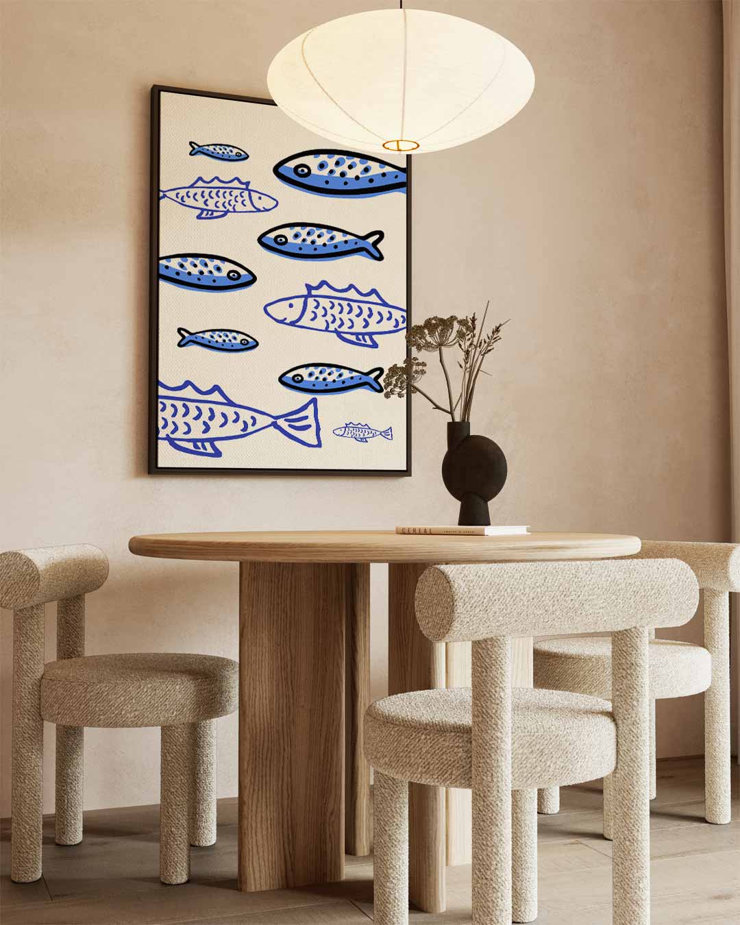 Speelse Blauw Visjes – canvas wanddecoratie in portret formaat