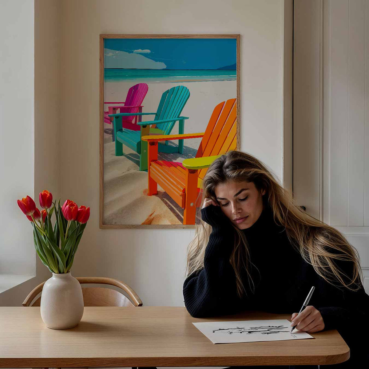 Kleurrijke Strandstoelen – zomer poster als frisse staande wanddecoratie