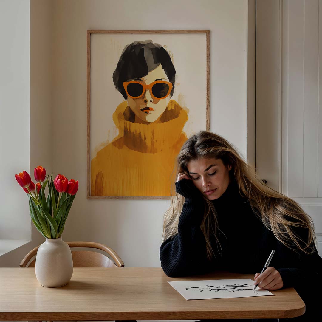Stijlvolle Fashionista in Zonlicht – staande vrouwelijke wanddecoratie van WallArtistic