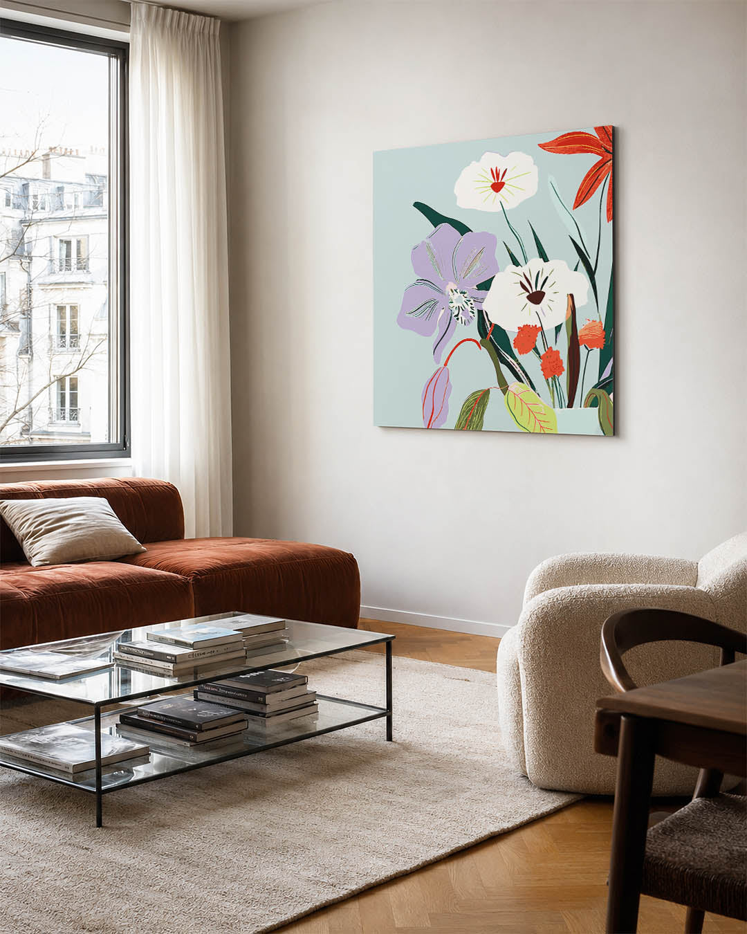 Bloemrijke compositie kunstwerk – vierkante wanddecoratie – dit kunstwerk toont een levendige verzameling bloemen in diverse
