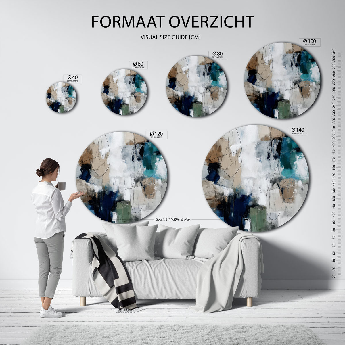 Abstracte vormen – ronde muurdecoratie met vrouwelijk portret