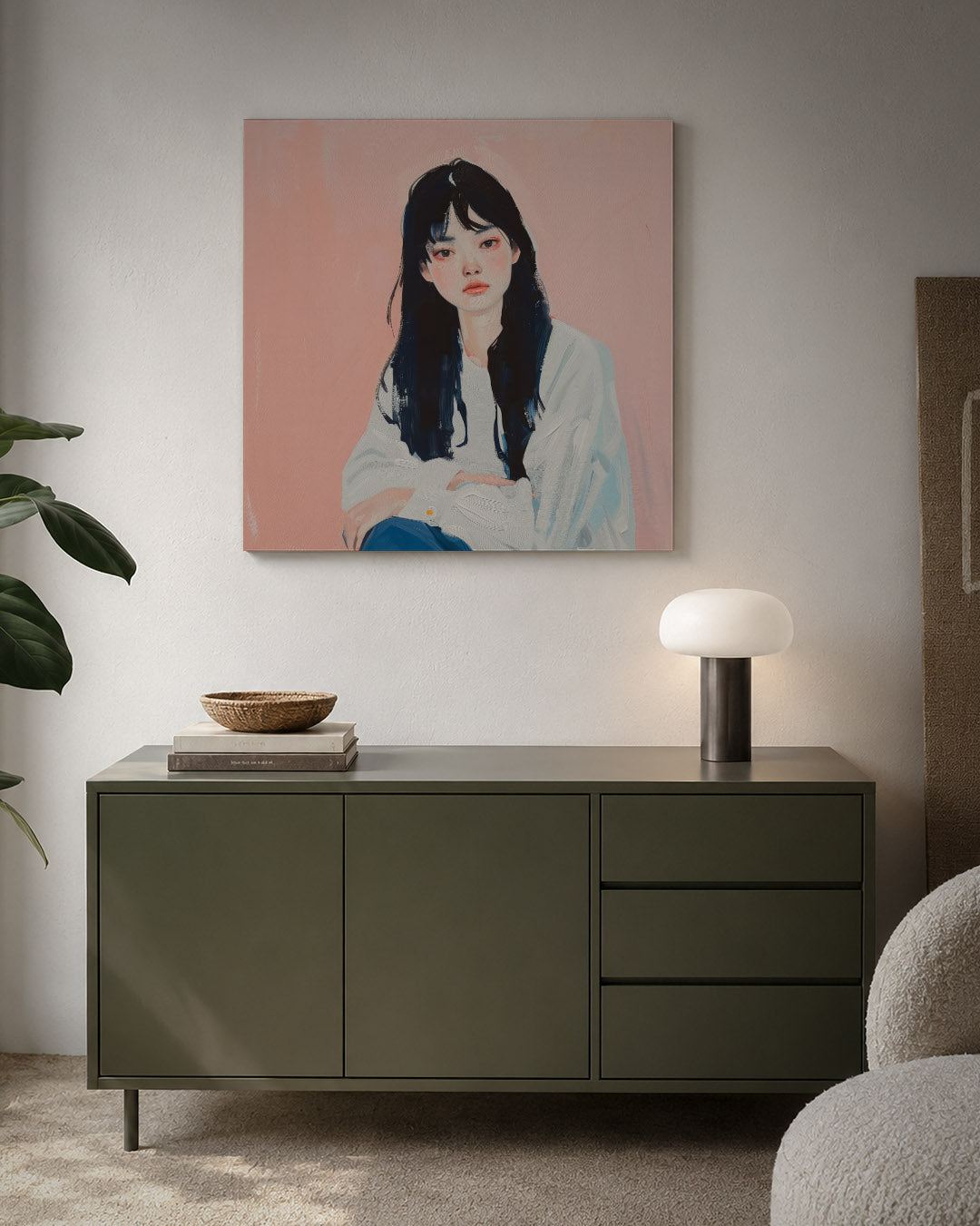 Dromerige portretstudie kunstwerk – detailweergave – dit kunstwerk toont een jonge vrouw tegen een zachte roze achtergrond.