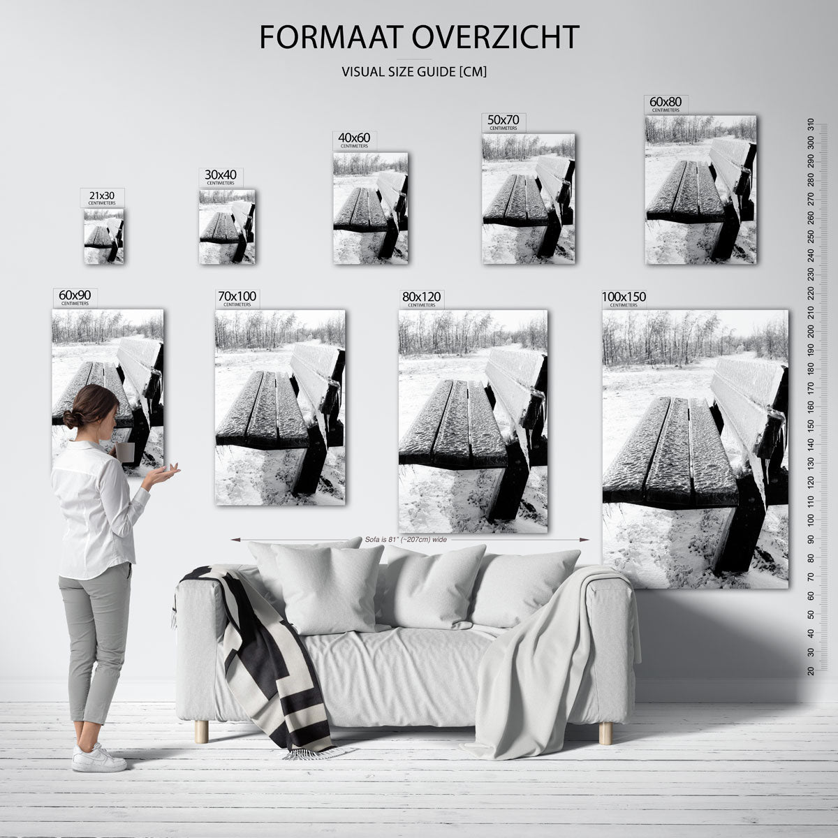 Ijsbank in winterlandschap poster – sfeerbeeld – een bankje bedekt met ijs in een besneeuwd landschap. De lijnen van de bank