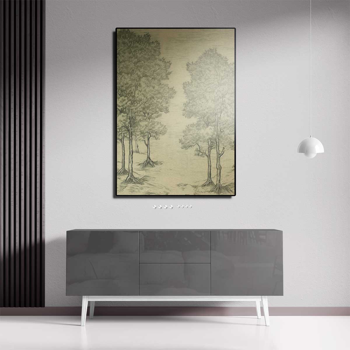 Boslandschap in Lijntekening – dibond kunstwerk als wanddecoratie