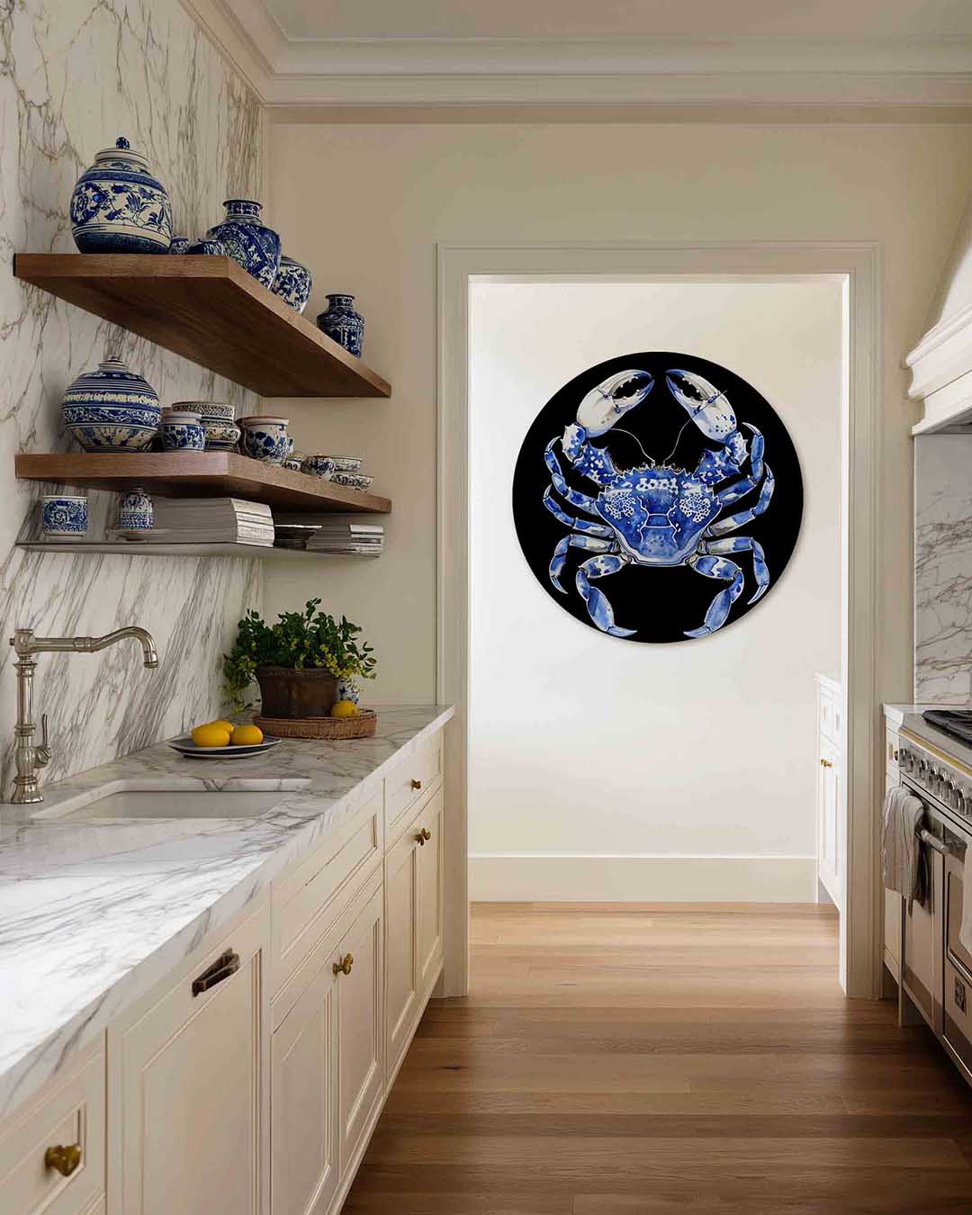 Blauwe krab – kleurrijke Pop Art muurcirkel voor aan de muur