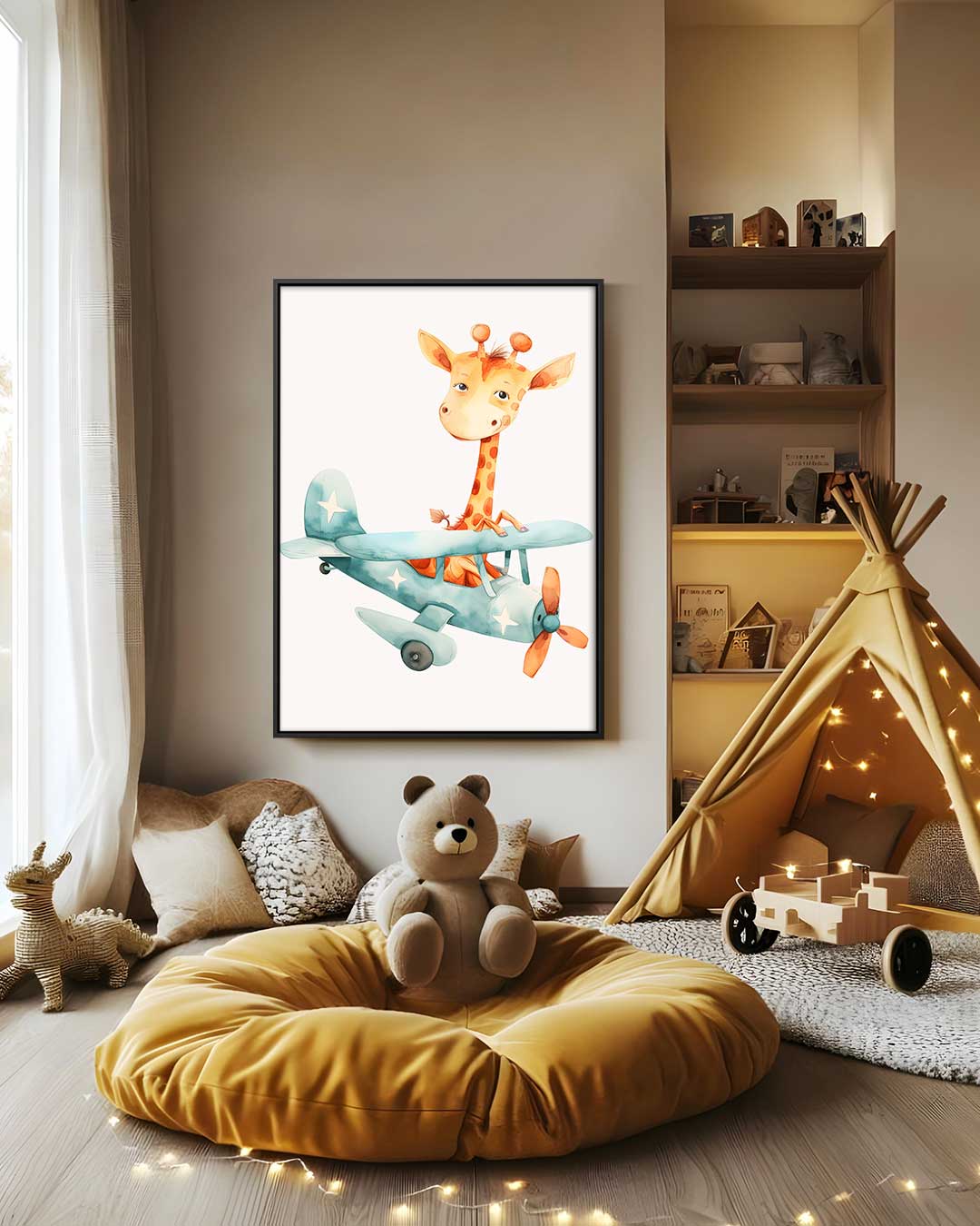 Vrolijke Giraf in Vliegtuig – staand kunstwerk voor modern interieur
