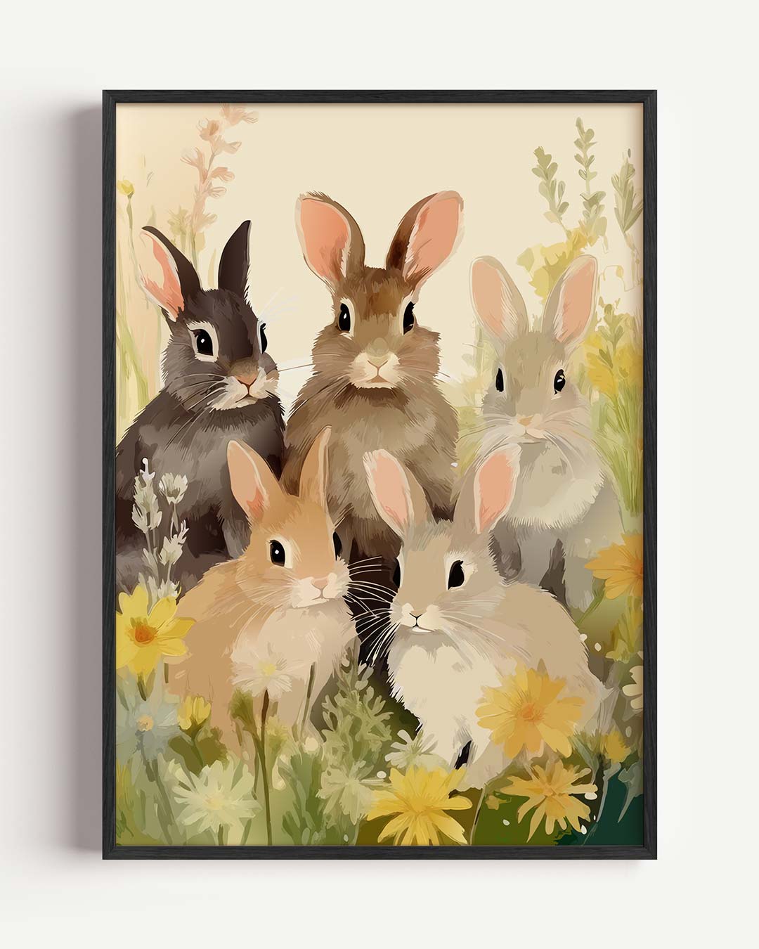 Schattige Konijnen in Bloemenveld – kids portret poster als wanddecoratie