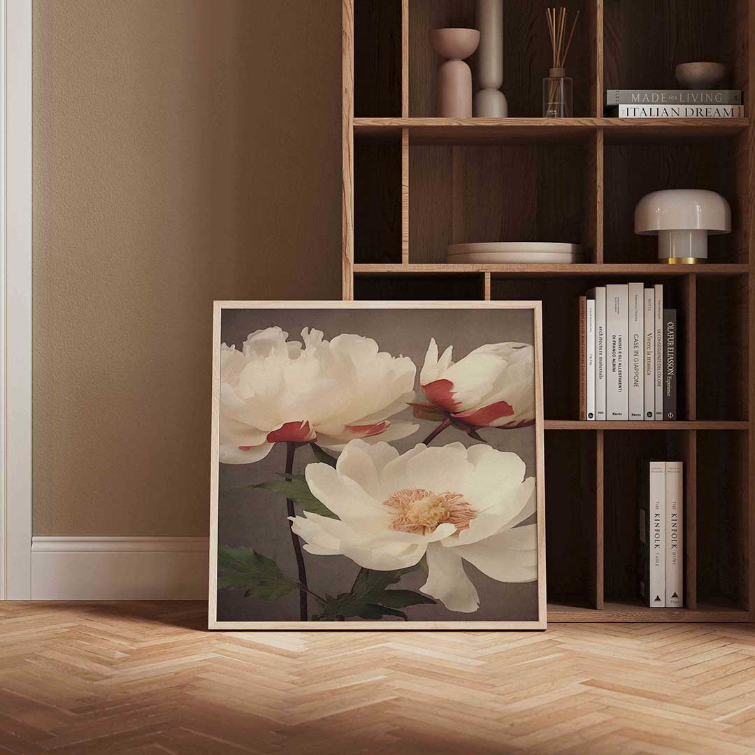 Witte bloemen – vierkante vintage wanddecoratie van WallArtistic