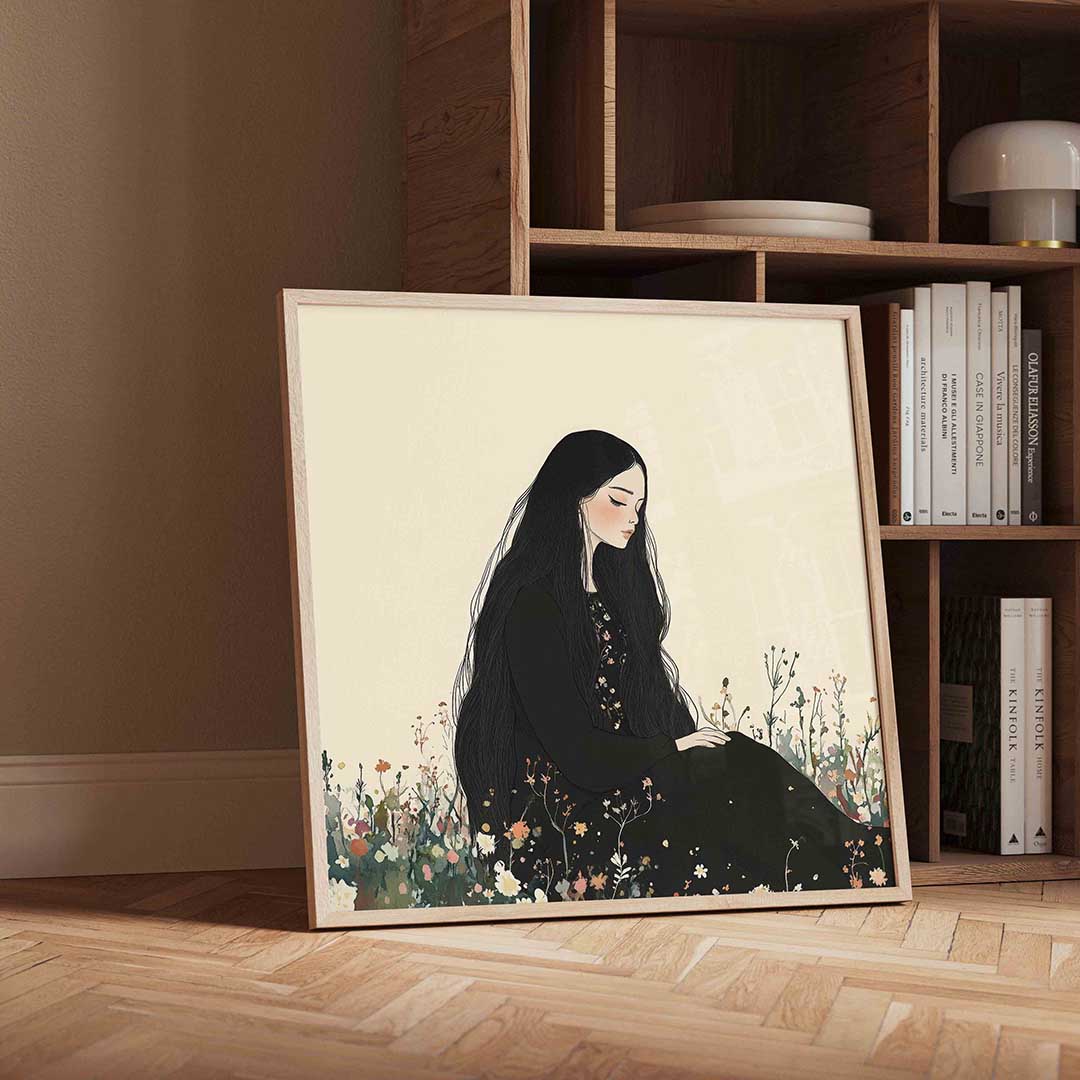 Zittende vrouw in bloemenveld – vierkante moderne wanddecoratie van WallArtistic