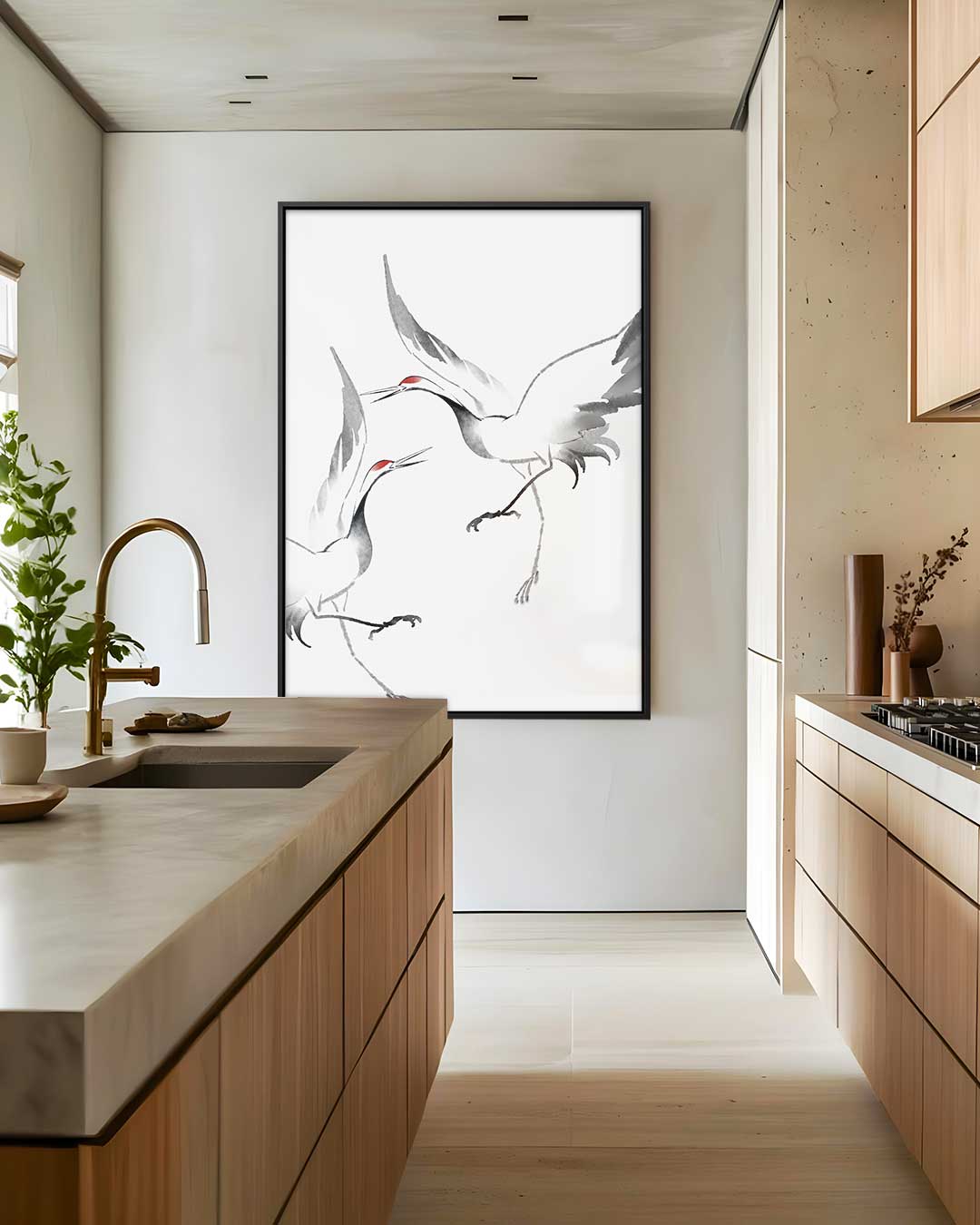 Elegante Kranen in Vlucht – canvas wanddecoratie in portret formaat