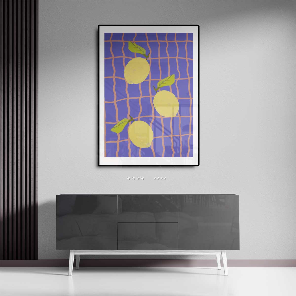 Citroenen op Blauw Ruitpatroon – dibond kunstwerk als wanddecoratie