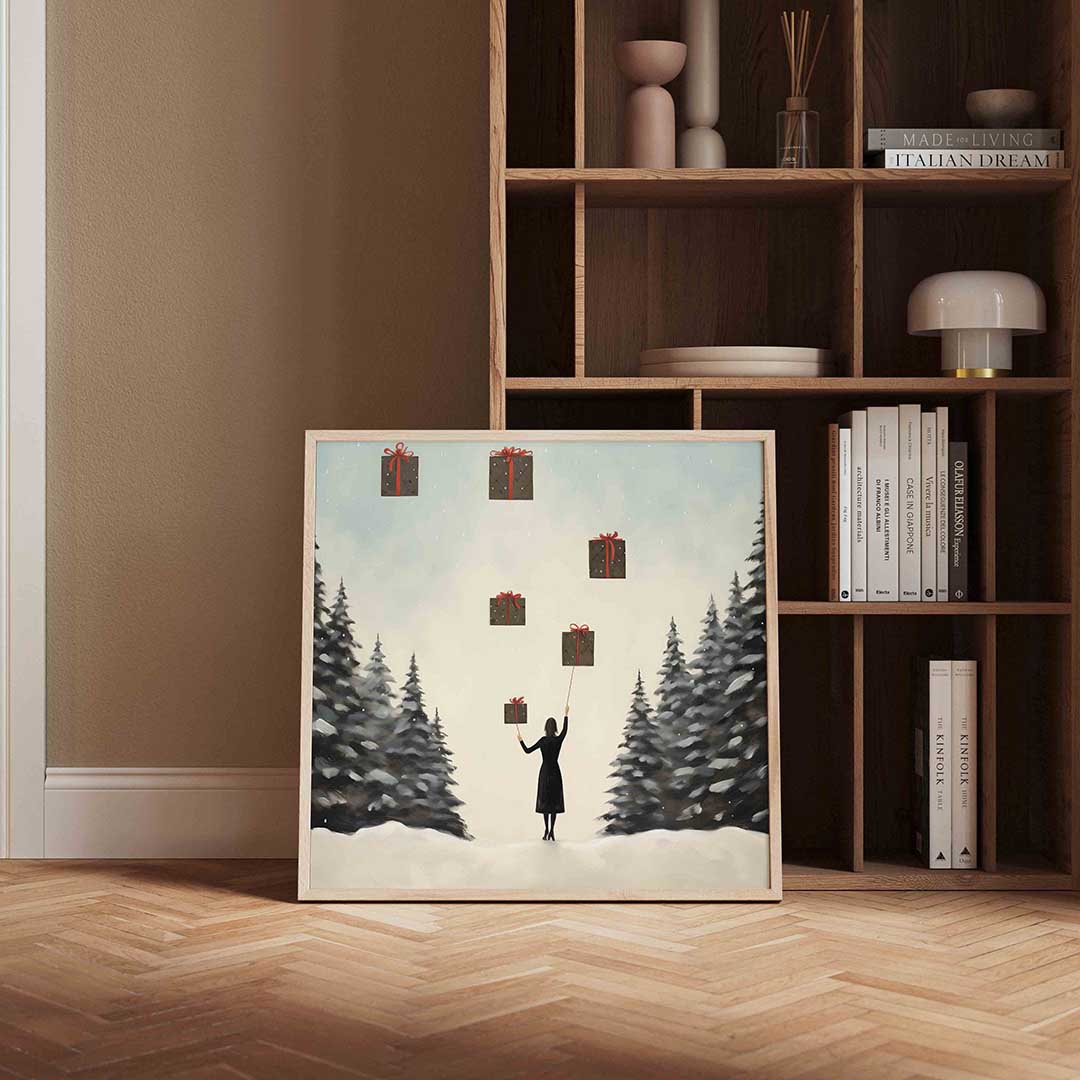 Vrouw met cadeaus – kerstposter in vierkant formaat