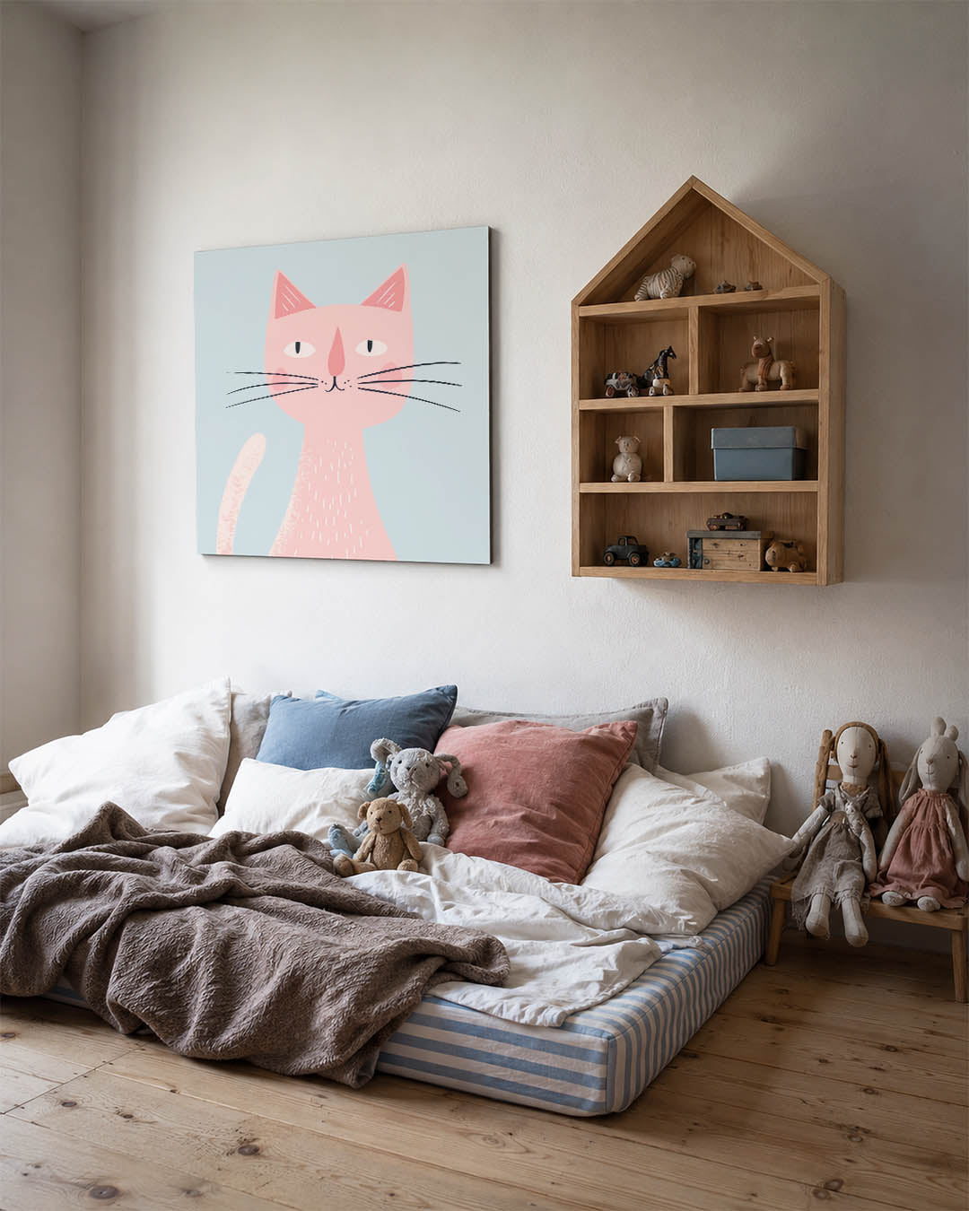 Speelse kat illustratie kunstwerk – derde productweergave – dit werk toont een speelse kat met eenvoudige lijnen en zachte