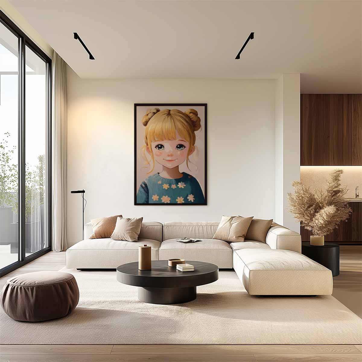 Dromerig Meisje met Bloemen – plexiglas wanddecoratie in portret formaat