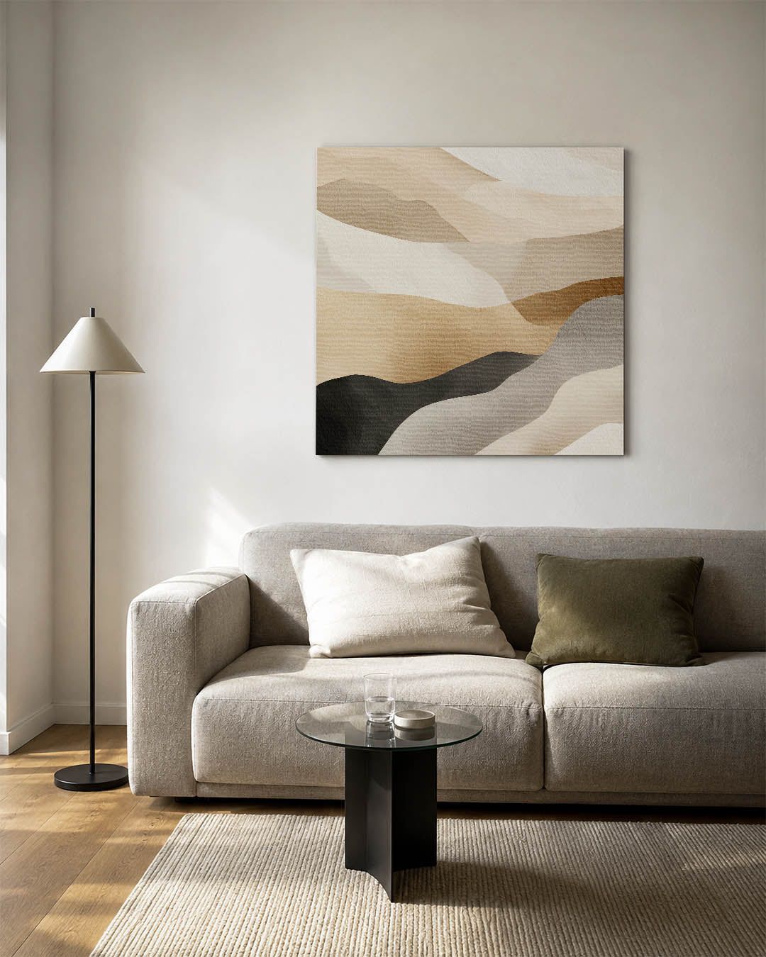 Organische kleurencompositie kunstwerk – vierkante wanddecoratie – dit werk toont vloeiende, golvende lijnen in zachte beige