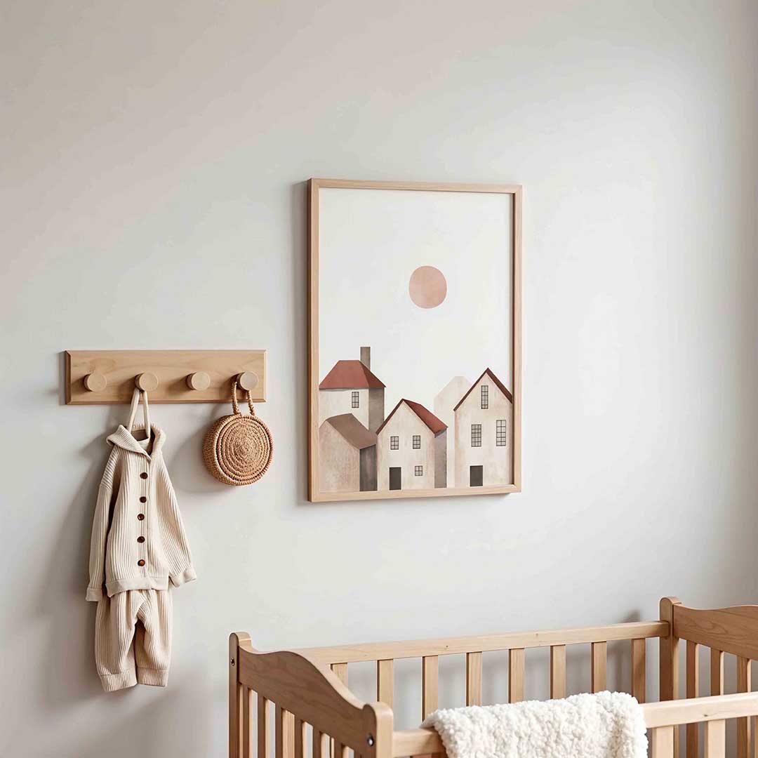 Huizen met zon – kinderposter in staand formaat