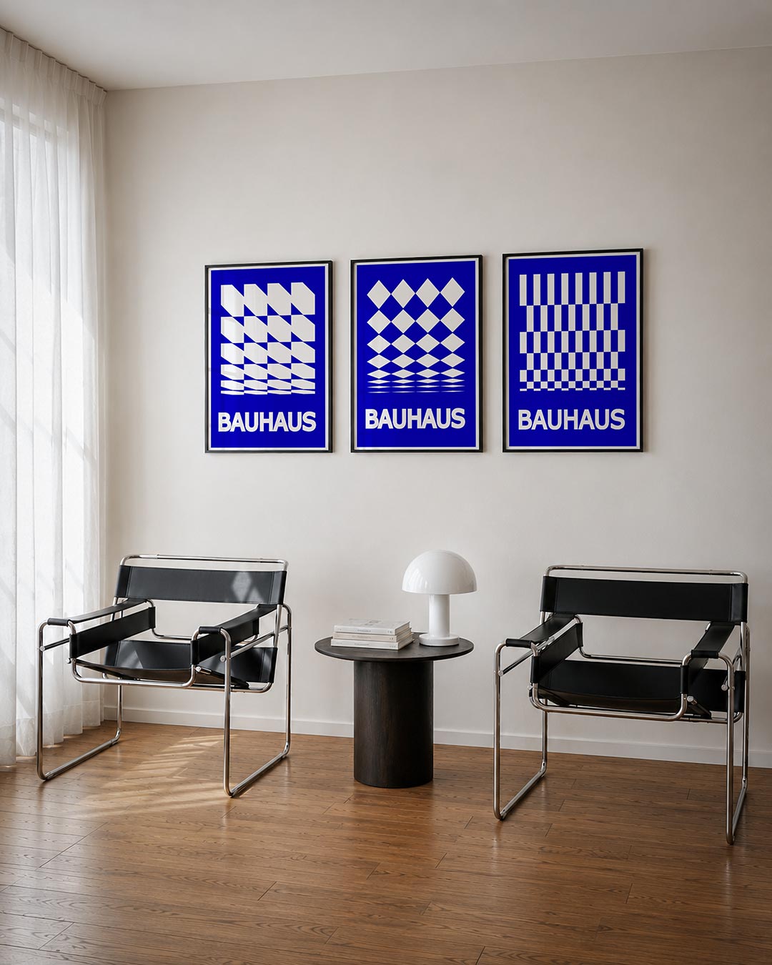 Abstract driedelige posterset – een abstracte posterset met donkere tinten en een rustige visuele opbouw.