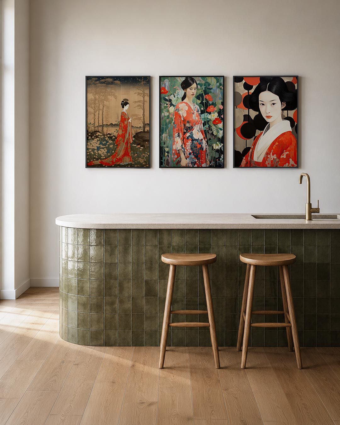 Natuurlijke elegantie posterset – tweede productweergave – een vrouw in een rode gewaad staat te midden van bloeiende