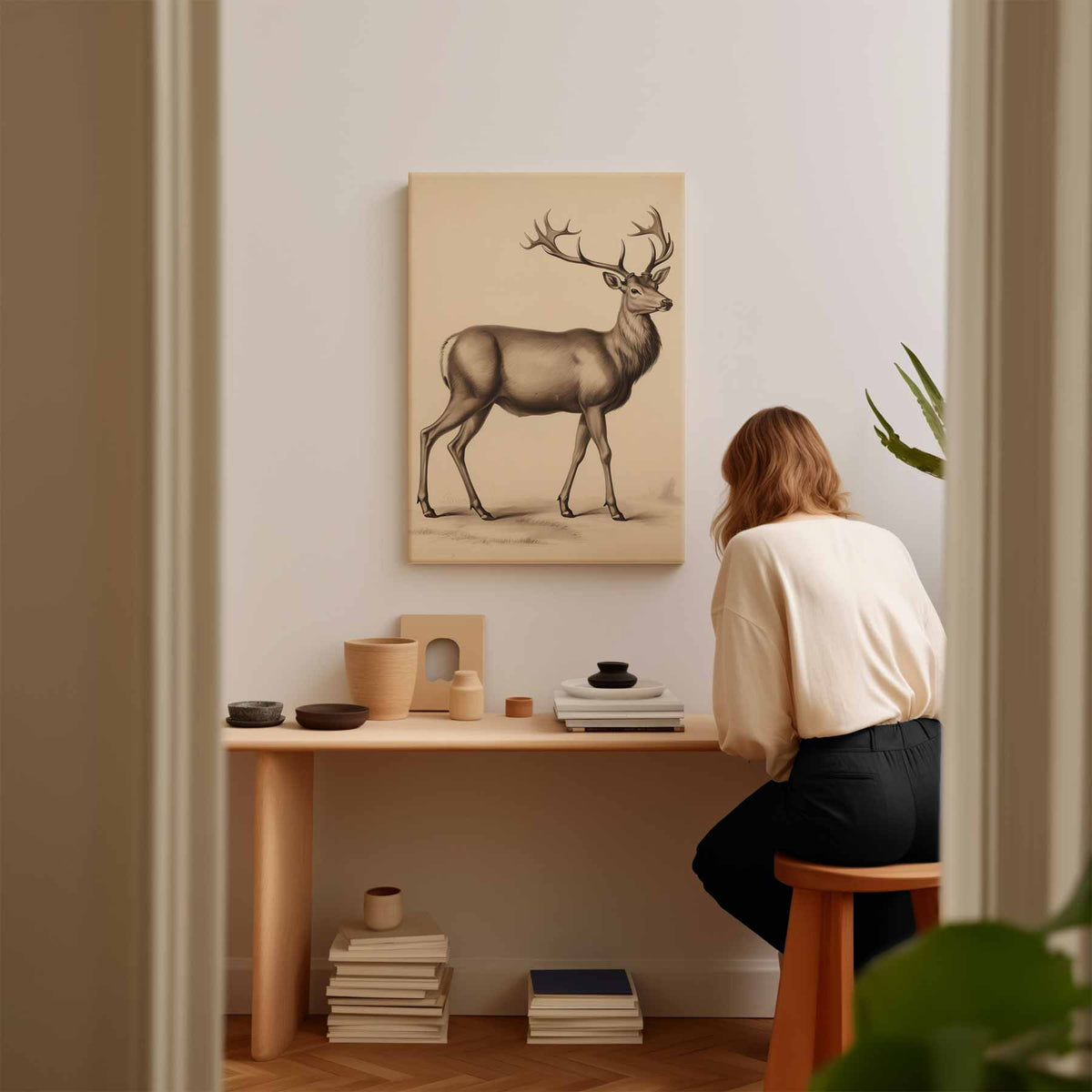 Elegante Hert in Potlood – kunstwerk met zwarte baklijst