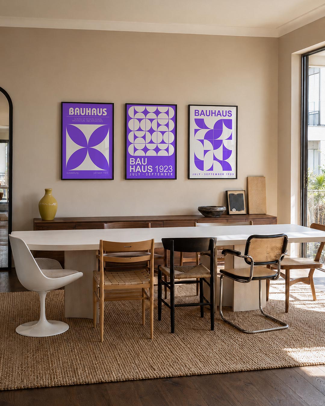 Vorm en kleur driedelige posterset – deze poster toont een speelse balans van paarse en witte