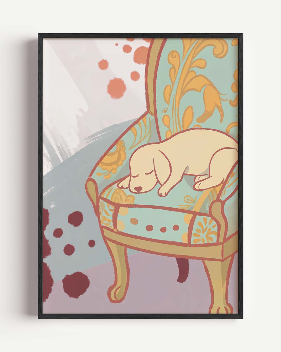 Dromerig Slapende Pup op Vintage Stoel – dieren portret poster als wanddecoratie