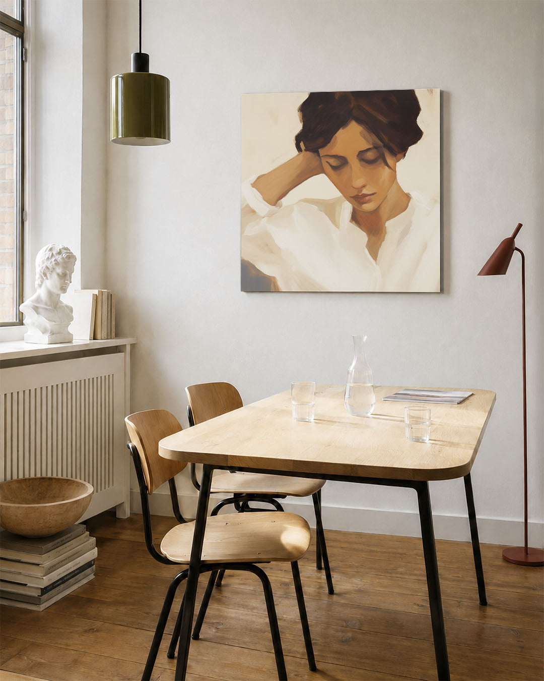 Dromerige portretstudie kunstwerk – vierkante wanddecoratie – dit kunstwerk toont een ingetogen portret van een vrouw met