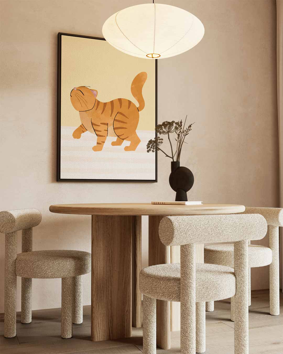 Vrolijke Oranje Poezenprent – staand kunstwerk voor modern interieur