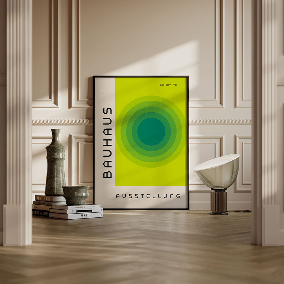 Cirkelvormen en tekst – moderne Bauhaus wandkunst als poster