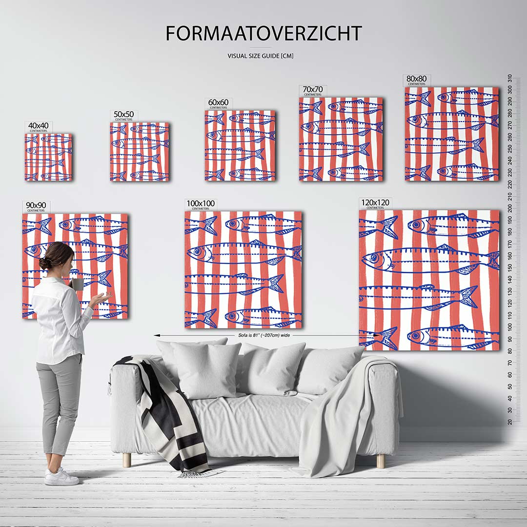 Vissen en strepen kunstwerk – sfeerbeeld – dit kunstwerk toont blauwe vissen tegen een achtergrond van oranje strepen. De