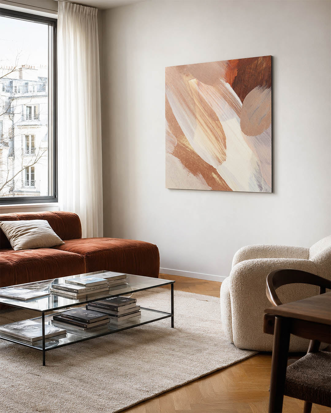 Organische borstelvegen kunstwerk – vierkante wanddecoratie – dit werk toont een dynamisch spel van vloeiende borstelvegen in
