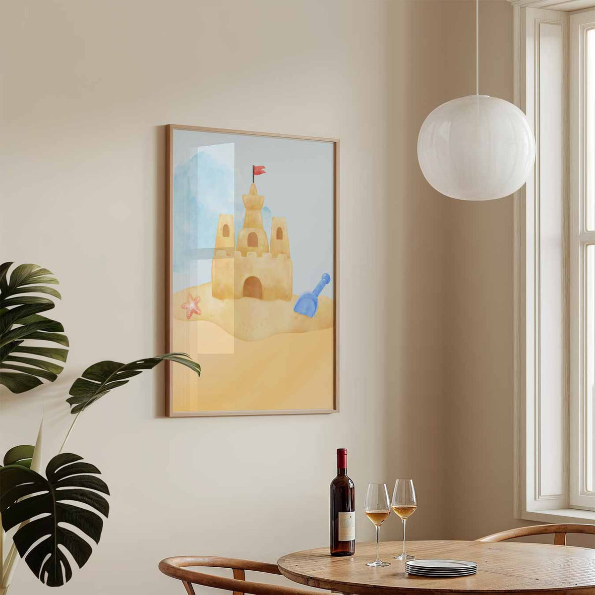 Zomers Zandkasteel Illustratie – zeedieren poster in staand formaat