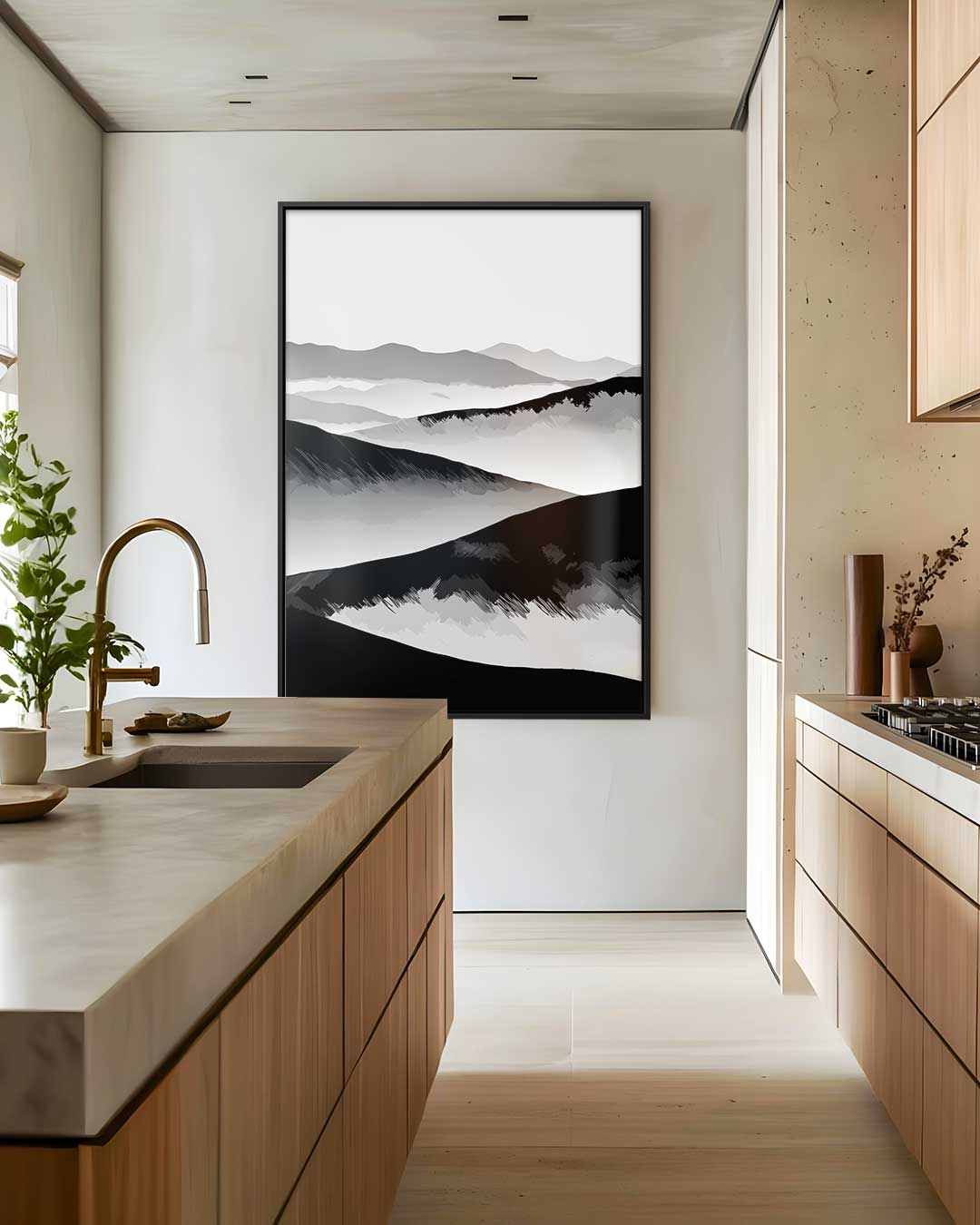 Sereen Berglandschap in Grijstinten – dibond wanddecoratie in staand formaat