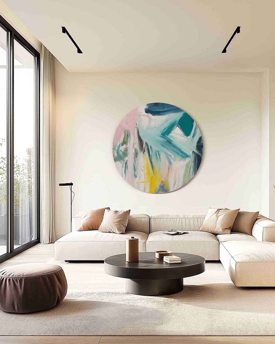 Abstracte penseelstreken – kleurrijke muurcirkel als ronde wanddecoratie