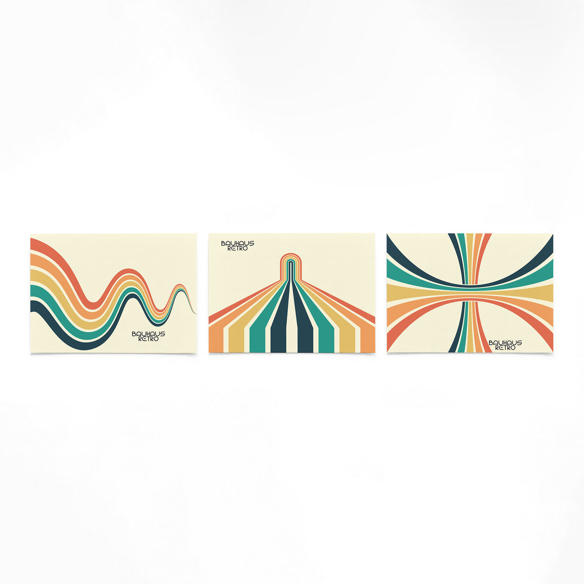 Drie landscape posters met golven, bogen en banen als vrijstaande productfoto
