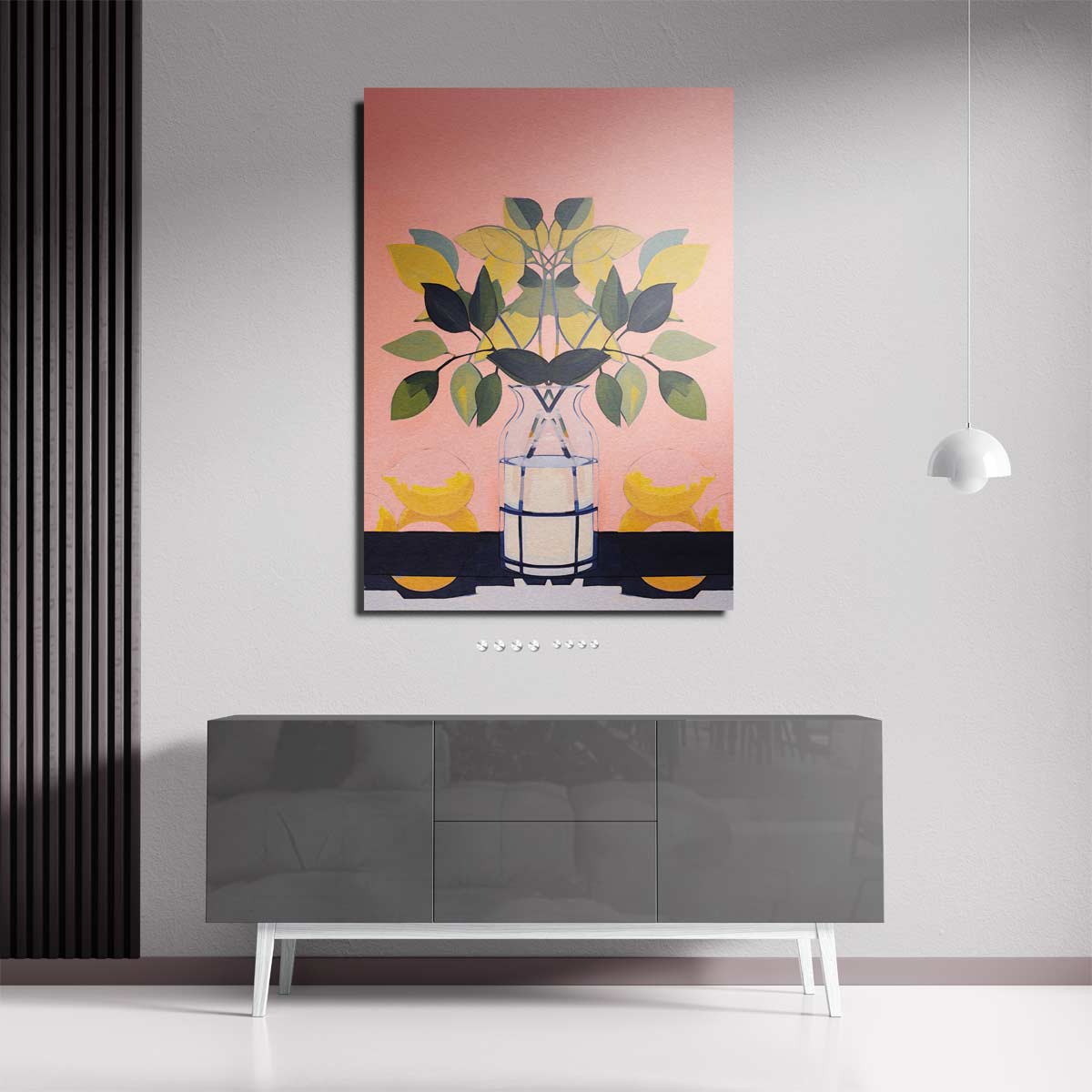Vrolijke Vaas met Bladeren – staande wandkunst voor woonkamer of interieur