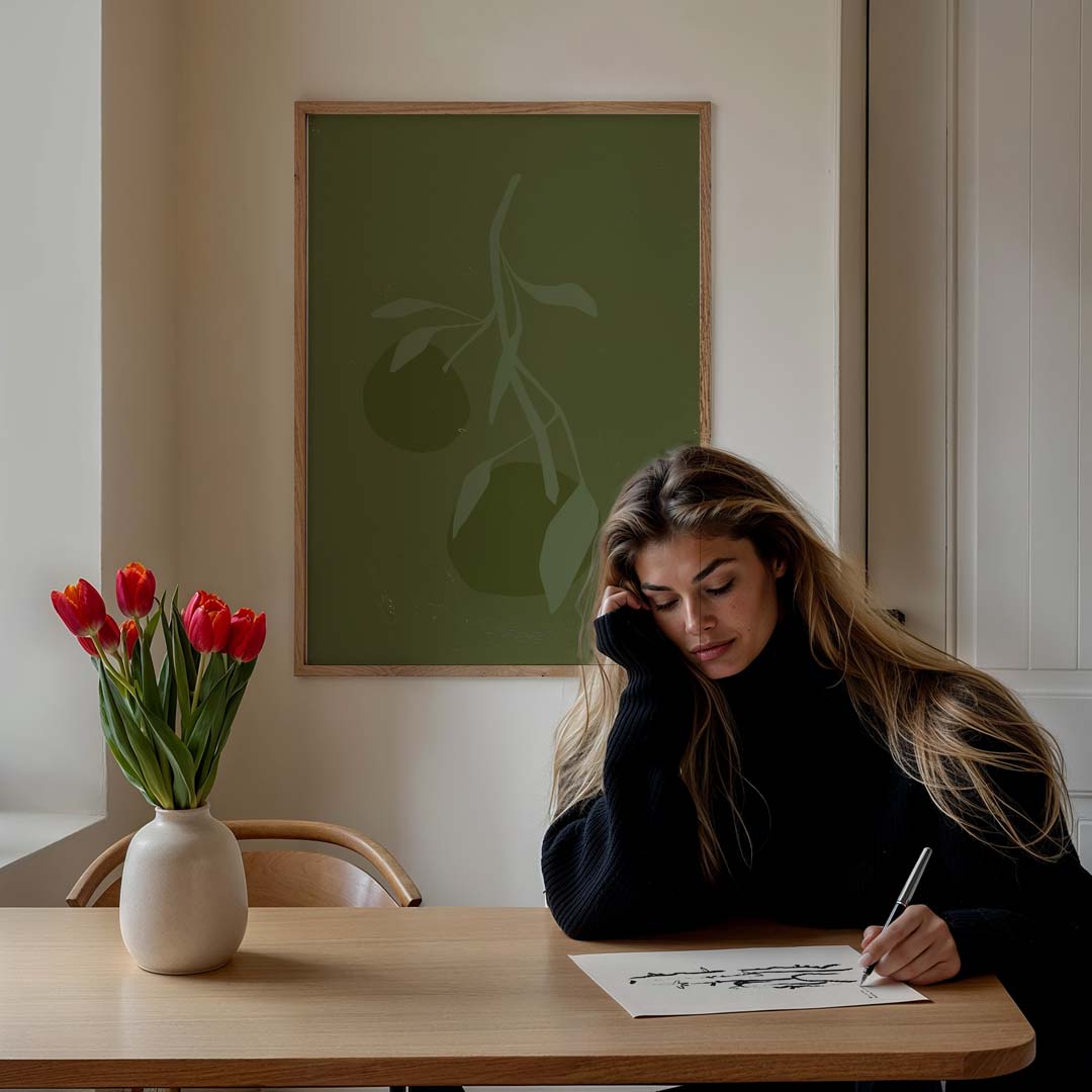 Stijlvolle Olijfgroene Wanddecoratie – bloemen poster in staand formaat