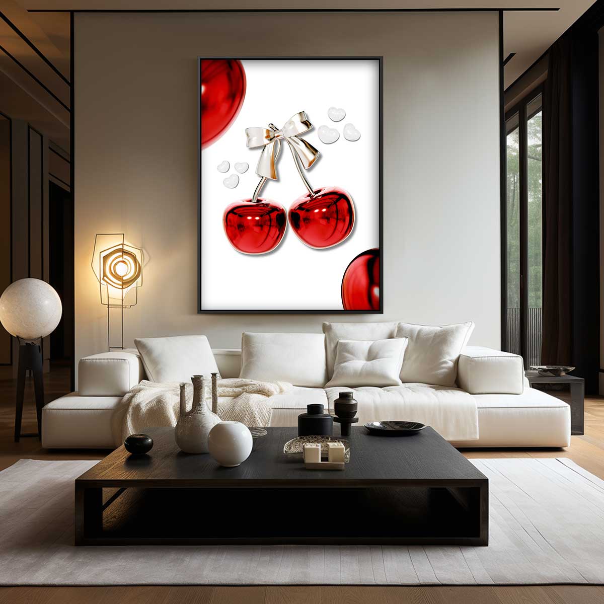 Glanzende Kersen met Strik – plexiglas wanddecoratie in portret formaat